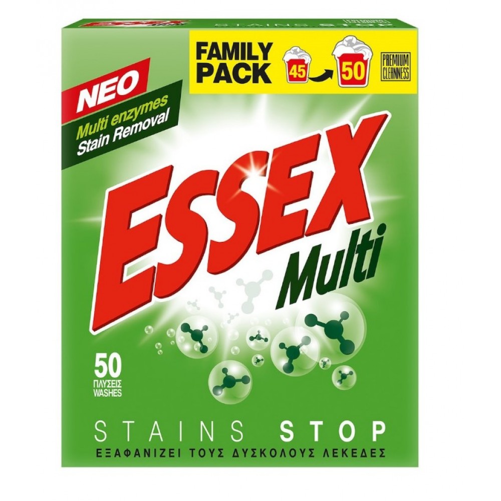 Essex Multi Stains Stop Απορρυπαντικό Ρούχων σε Σκόνη με Άρωμα Violet Blossom 2.40kg (50 Μεζούρες) ΑΝΑΛΩΣΙΜΑ