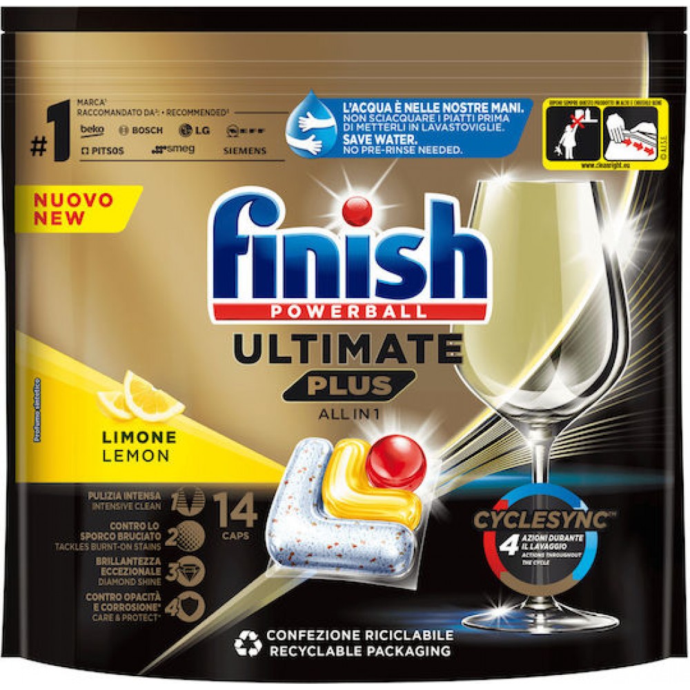 Finish Ultimate Plus All in One 14 Κάψουλες Πλυντηρίου Πιάτων με Άρωμα Lemon 170gr ΑΝΑΛΩΣΙΜΑ