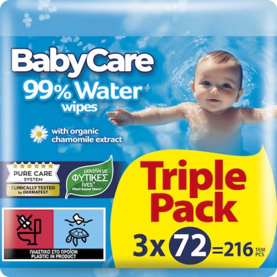 BabyCare Μωρομάντηλα με 99% Νερό, χωρίς Οινόπνευμα & Parabens 3x72τμχ