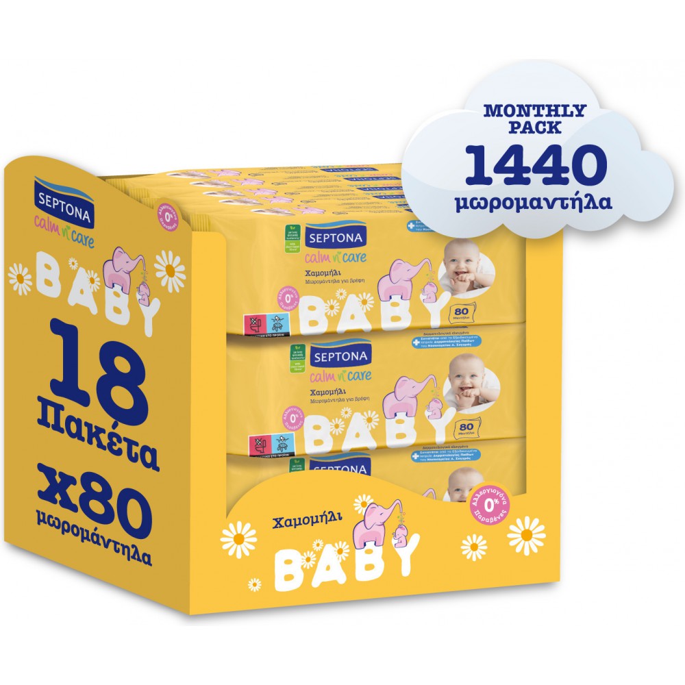 Septona Calm n' Care Chamomile Μωρομάντηλα χωρίς Οινόπνευμα & Parabens 18x80τμχ ΑΝΑΛΩΣΙΜΑ
