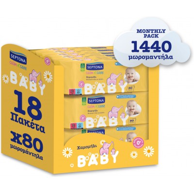 Septona Calm n' Care Chamomile Μωρομάντηλα χωρίς Οινόπνευμα & Parabens 18x80τμχ