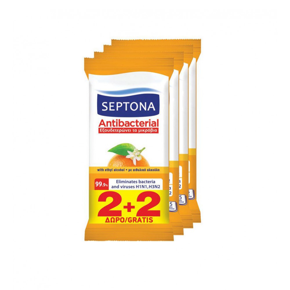 Septona Ήπια Αντισηπτικά Μαντηλάκια Χεριών 4x15τμχ Πορτοκάλι ΑΝΑΛΩΣΙΜΑ