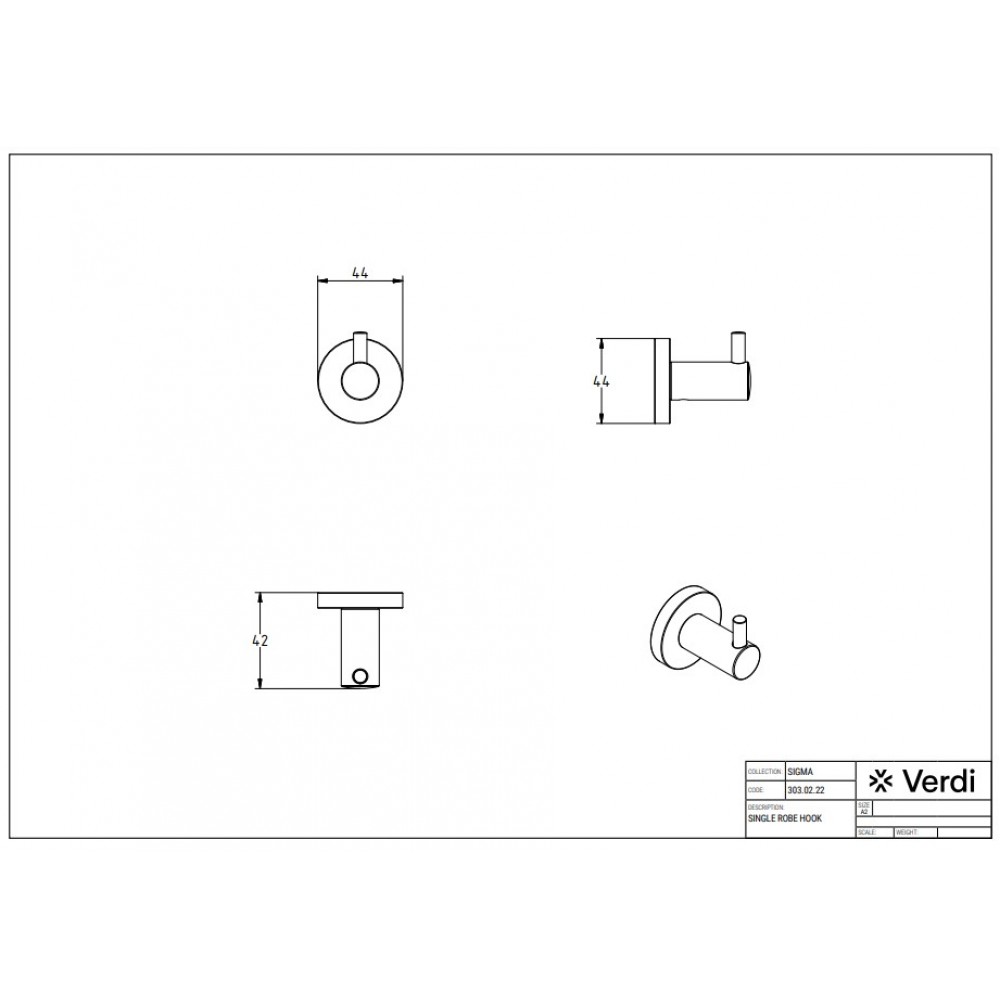 Verdi Sigma Άγκιστρο Μπάνιου Μονό Λευκό 3030201